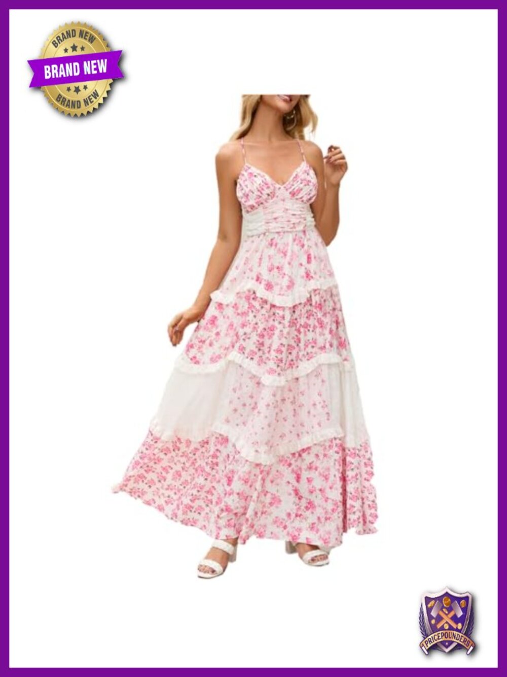 Floral Patchwork Maxi Dress V Neck Sleeveless Cross Back Spaghetti Strap Tiered